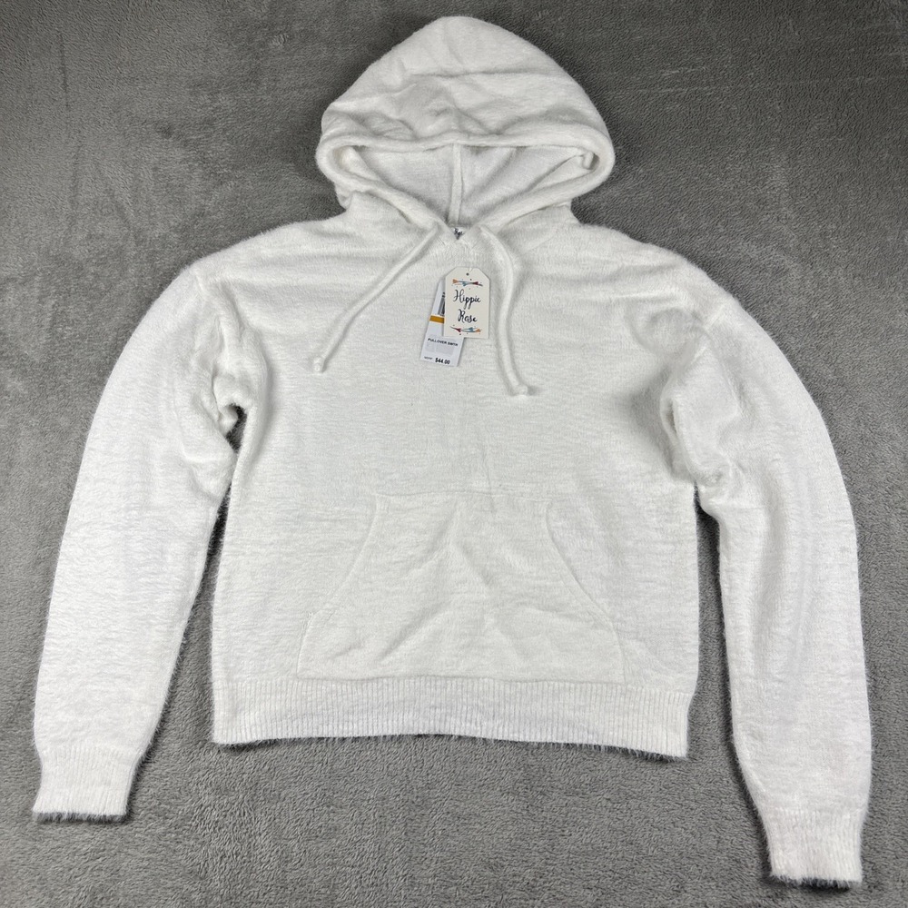 NWT Hippie Rose Junior's Fuzzy Hoodie Sweater Bright White Size Small *READ